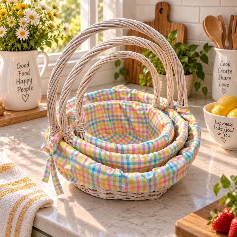 Set of 3 Pastel Plaid Wicker Baskets, Easter Spring Cottagecore Nesting Decor